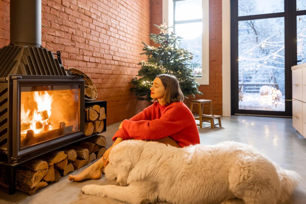 Preparing Your HVAC System for the Chilly Winter Months Woman with dog at home on a winter holidays